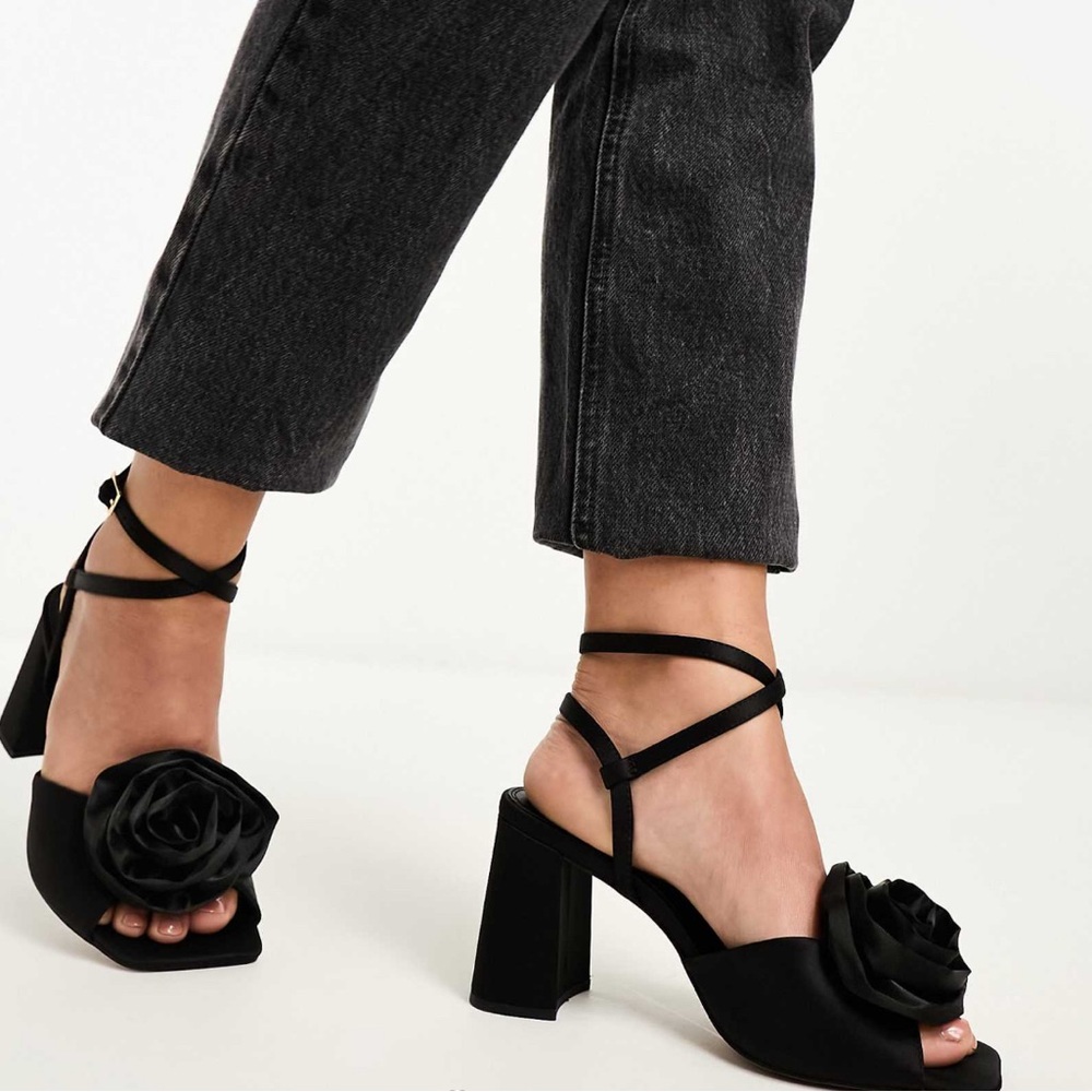 Black Satin Rose Heels